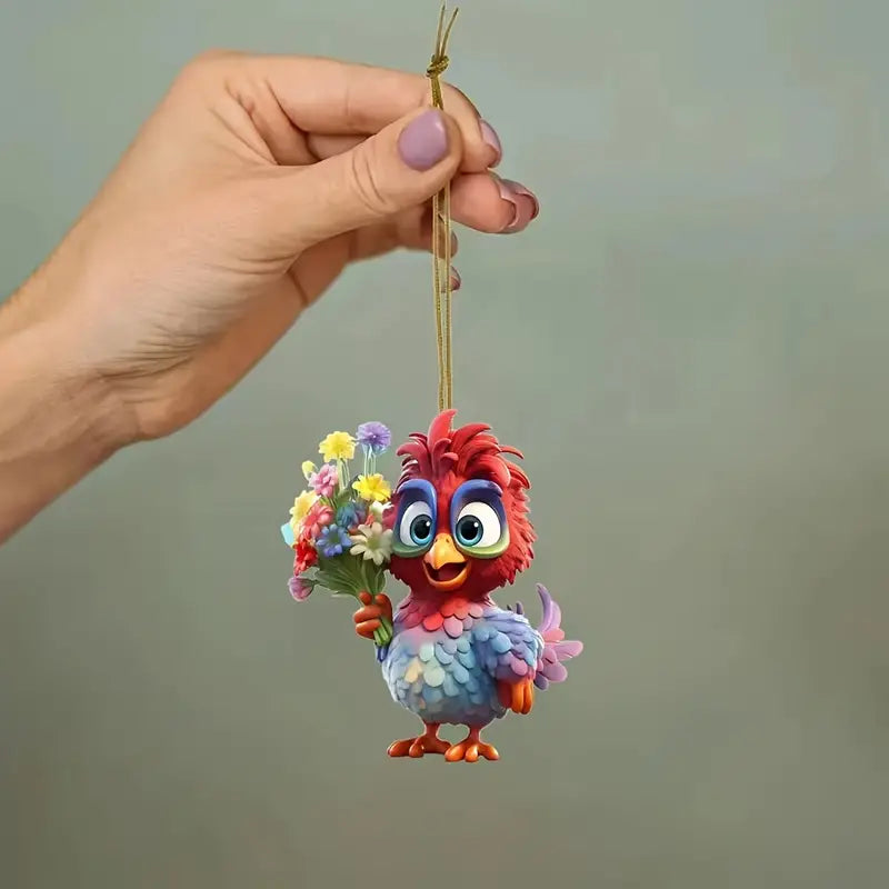 Cartoon Chicken Flowers Acrylic Ornament - Gift For Chicken Lover's