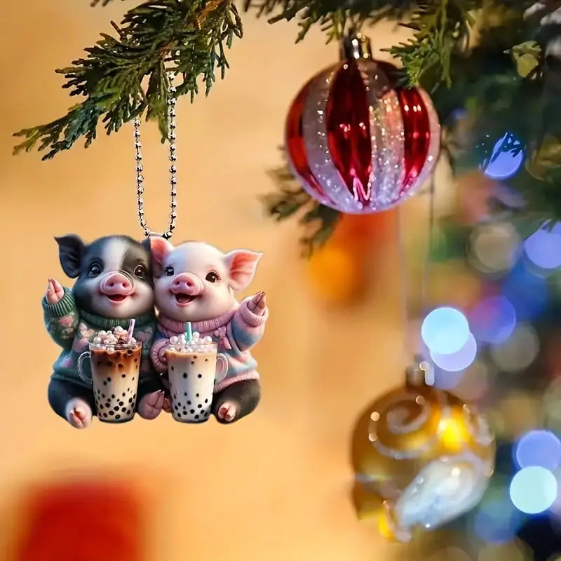 Bubble Tea Twin Pigs Acrylic Ornament - Gift For Pig Lover's