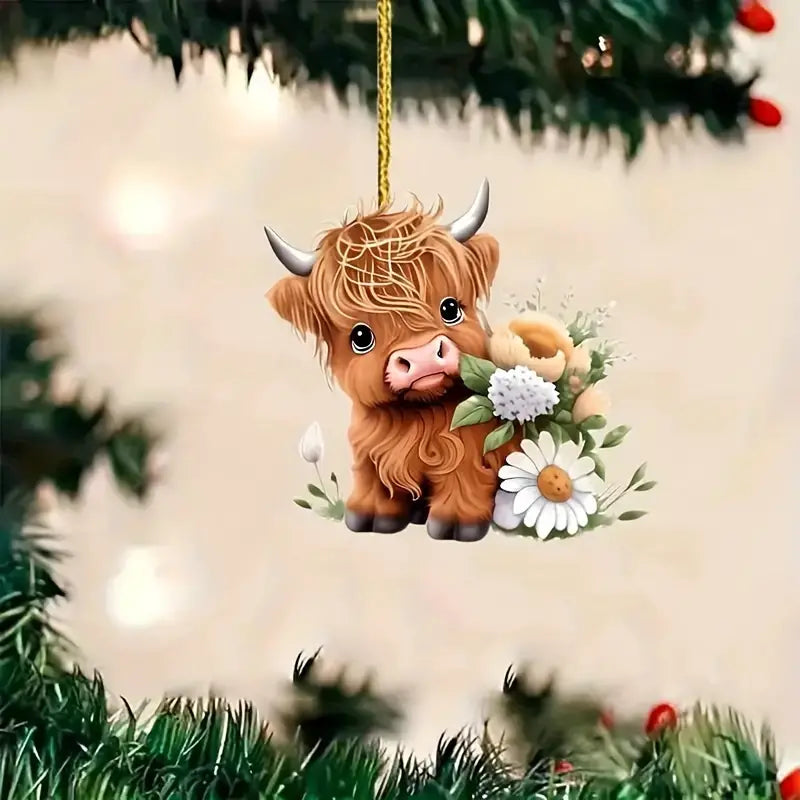 Cartoon Cow With Flowers Acrylic Ornament - Gift For Cow Lover's