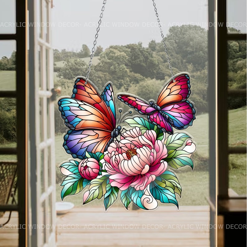 Butterfly and Peony Flowers Acrylic Window Hanging, Acrylic Window Flowers, Sunflowers Acrylic Window Decor Art Decoration, Butterflies Acrylic, Gift for Mom