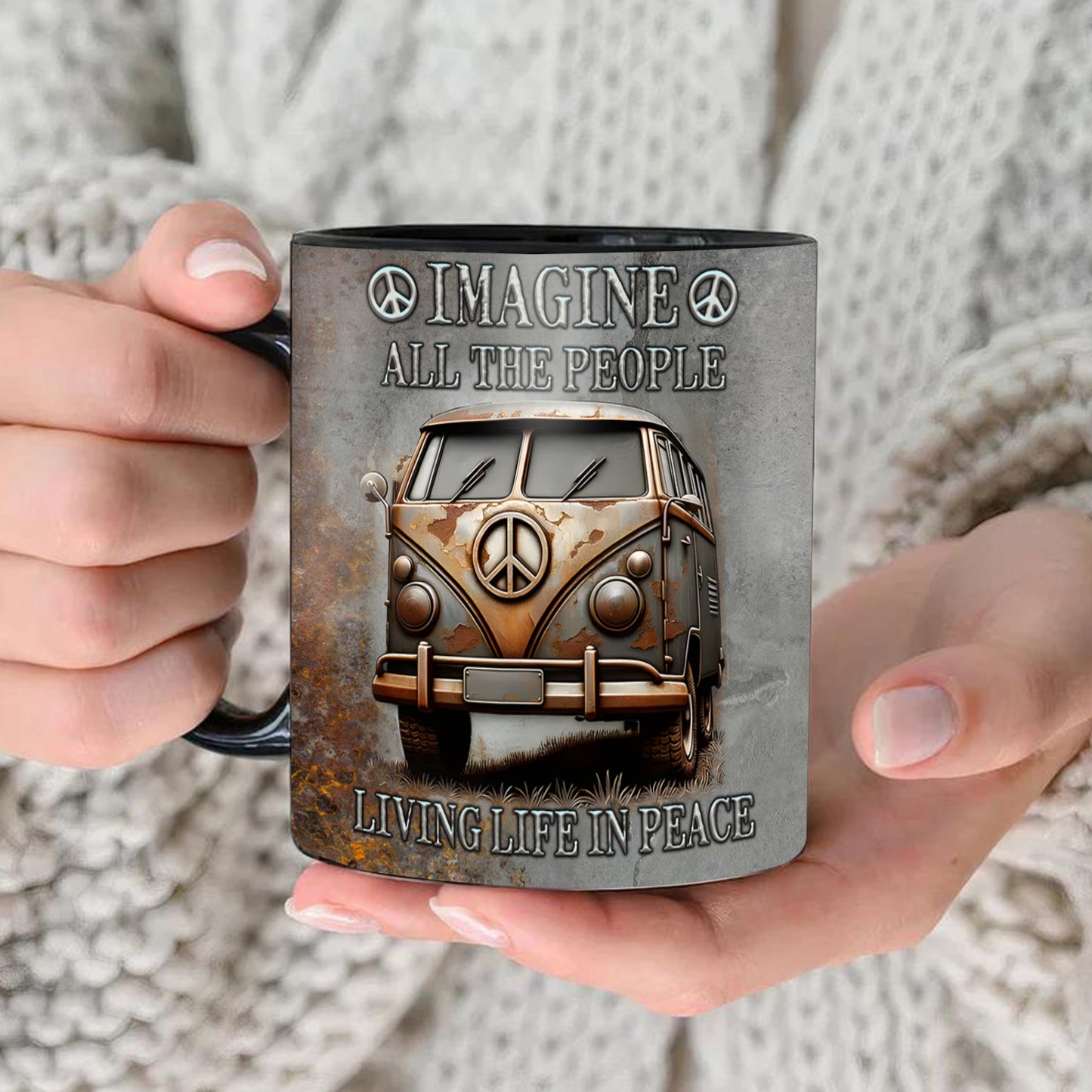 Hippie Bus Imagine All The People Living Life In Peace Accent Mug