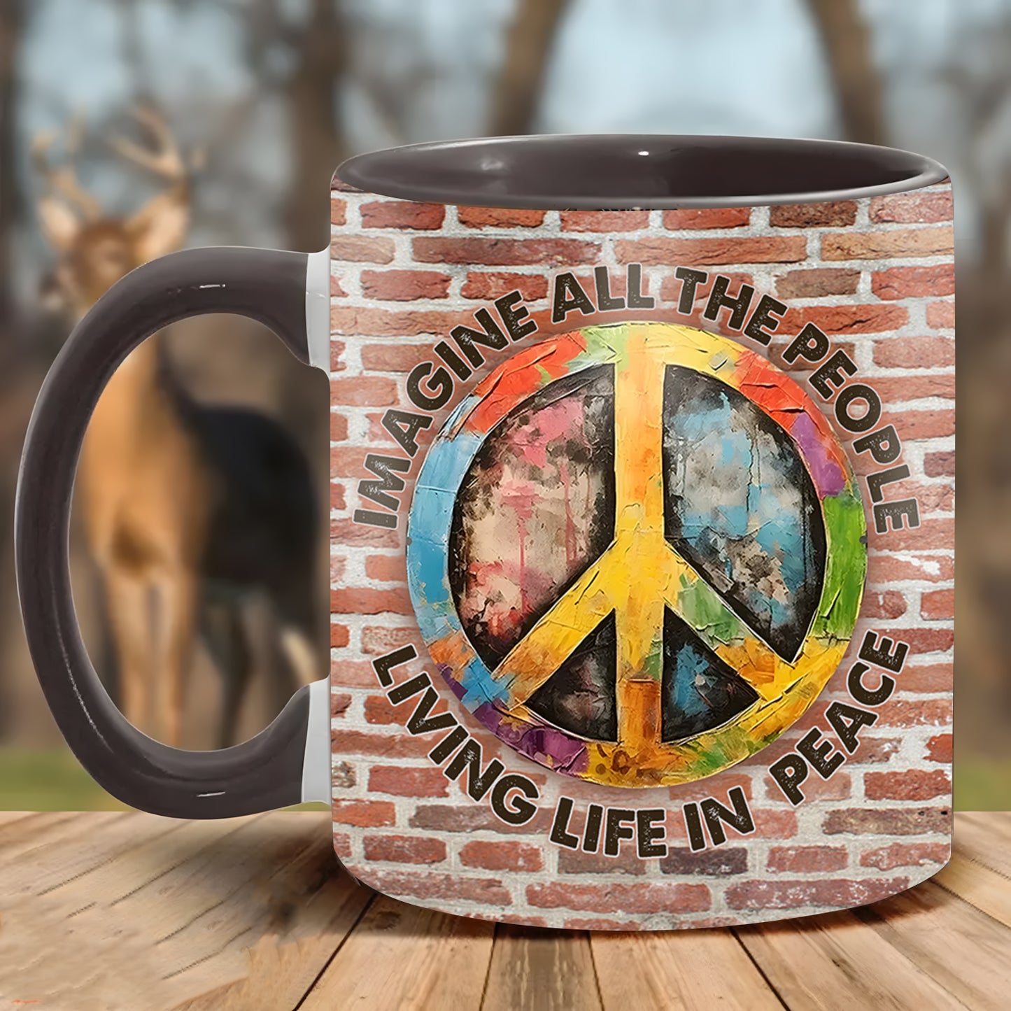 Hippie Symbol Vintage Imagine All The People Living Life In Peace Accent Mug