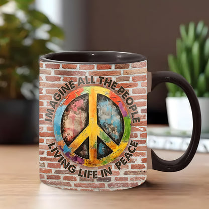 Hippie Symbol Vintage Imagine All The People Living Life In Peace Accent Mug