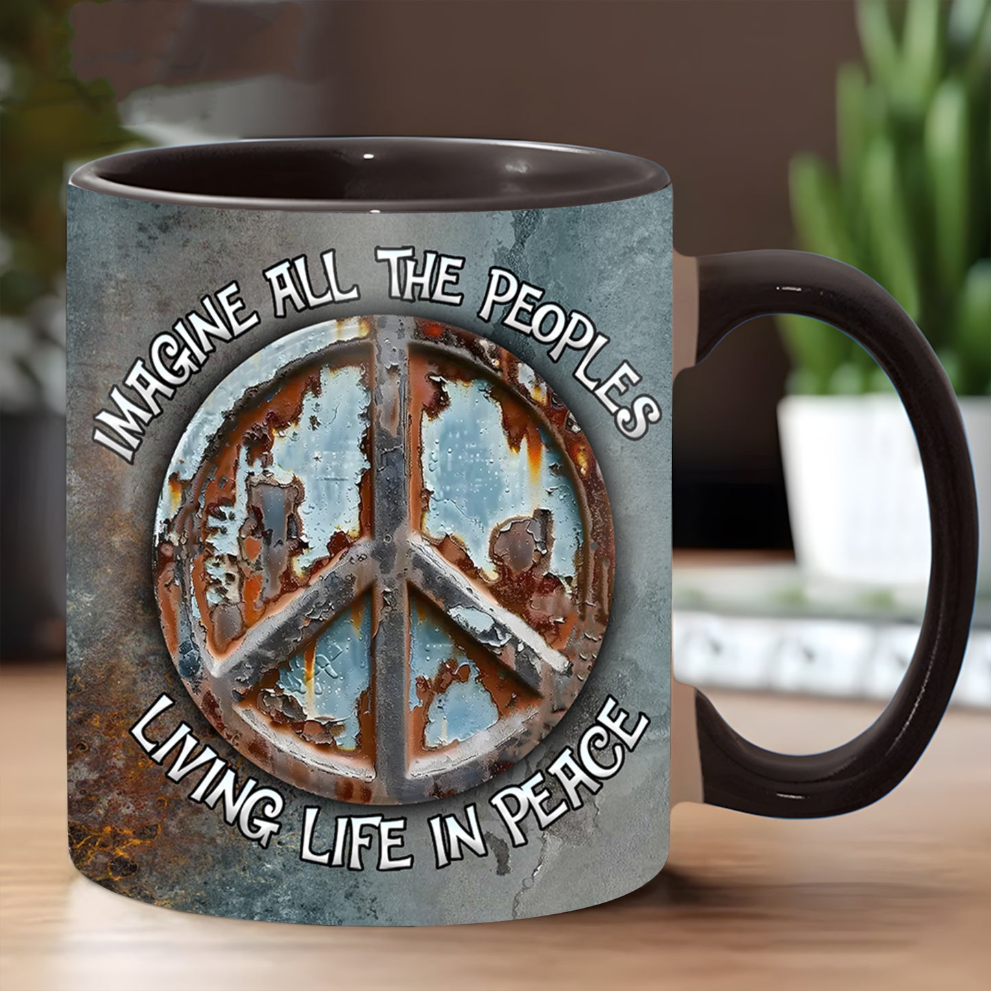 Hippie Vintage Imagine All The People Living Life In Peace Accent Mug