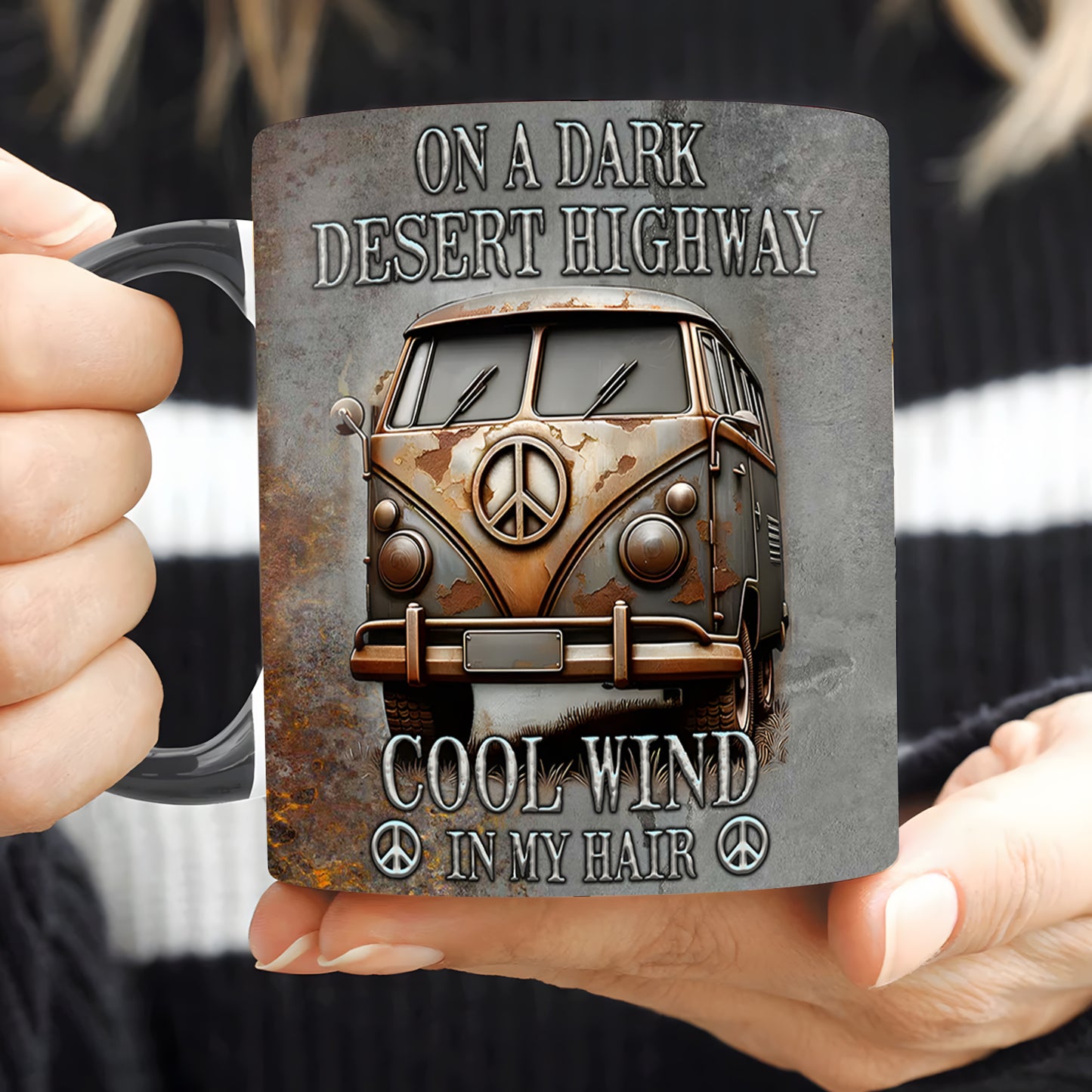 Hippie Bus On A Dark Desert Highway Accent Mug