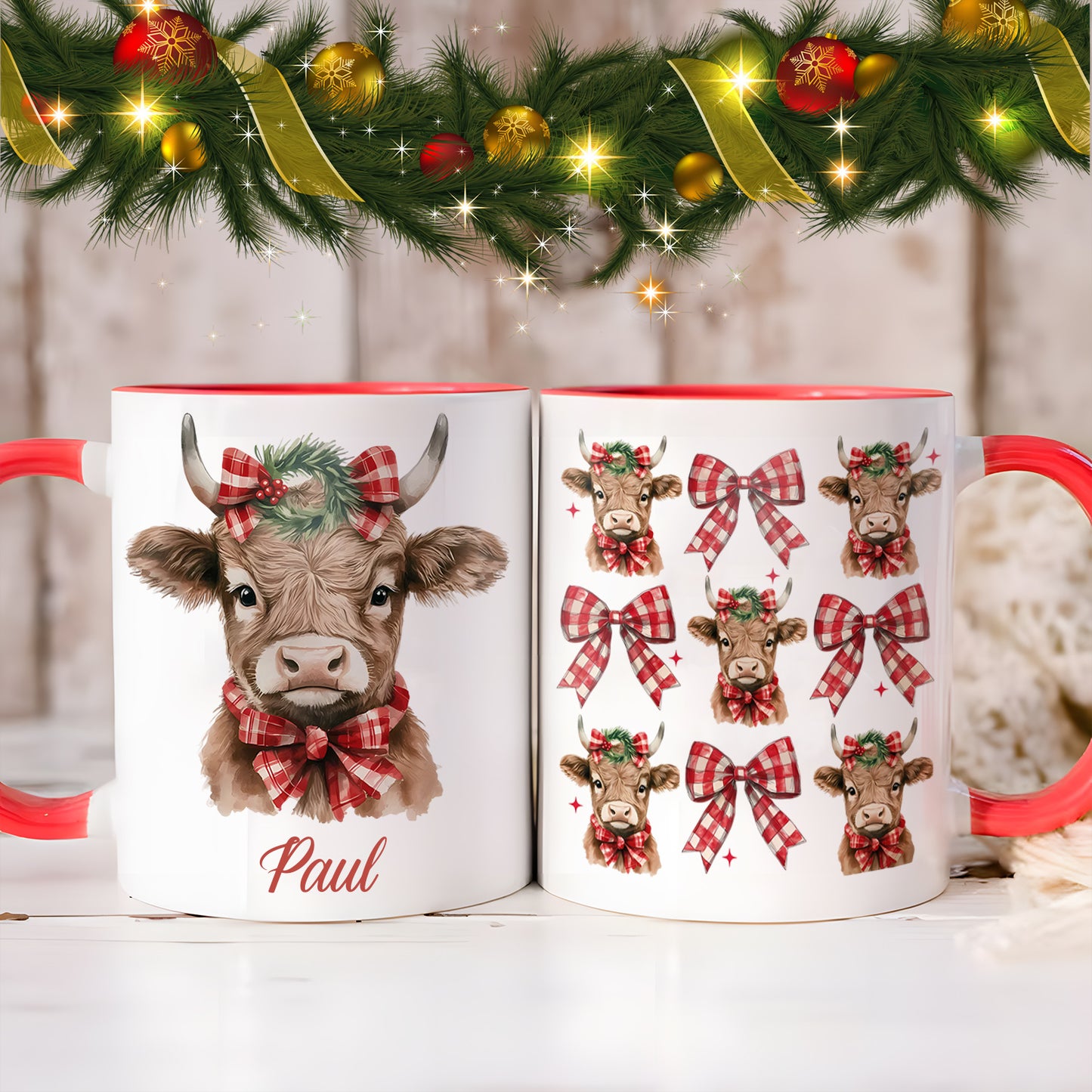 Personalized Christmas Cow Accent Mug with Plaid Bows