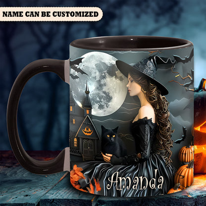 Beautiful Witch And Black Cat Personalized Halloween Accent Mug