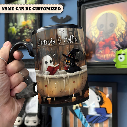 Cute Ghost & Black Cat Personalized Halloween Accent Mug