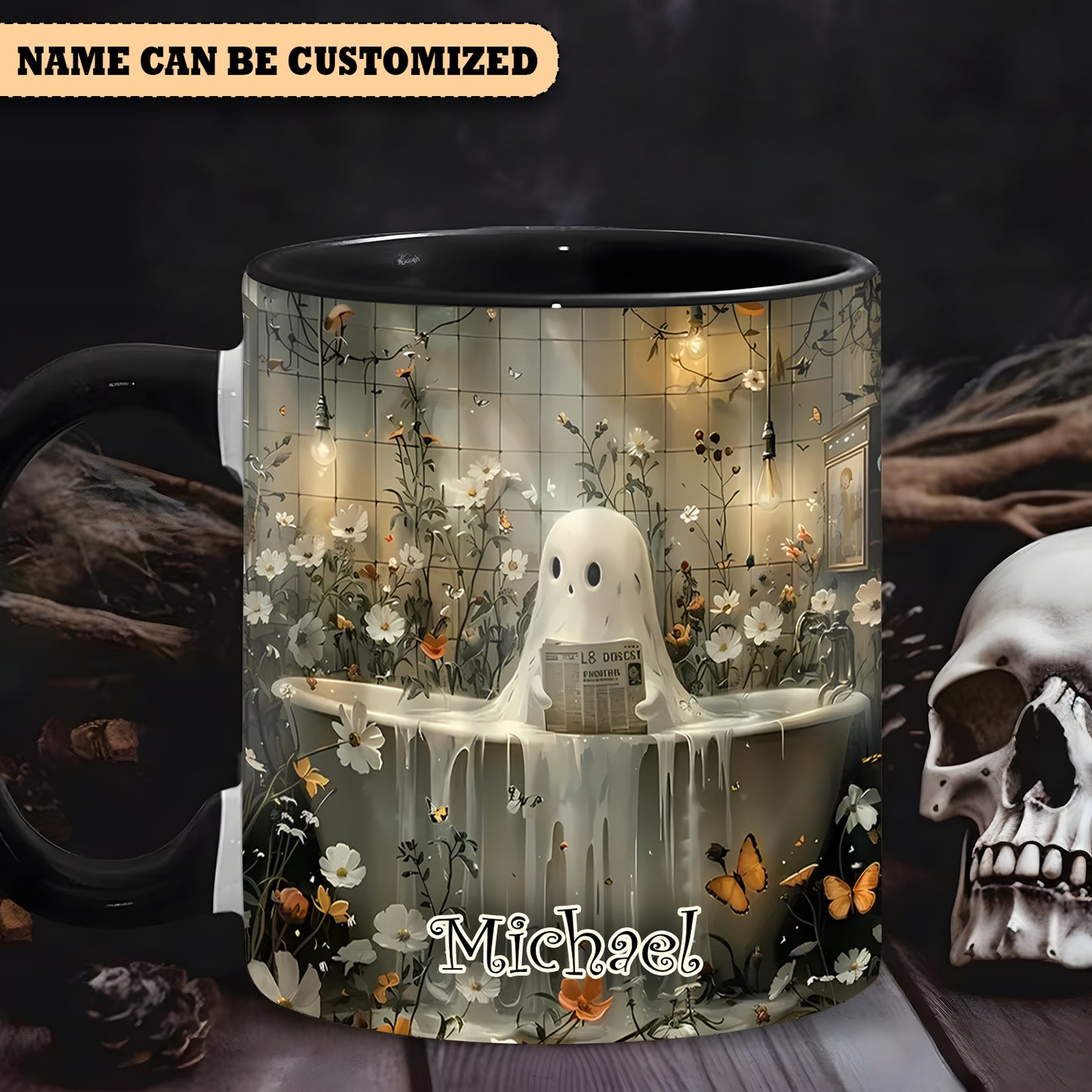 Cute Ghost Reading Book Personalized Accent Mug