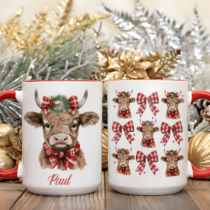 Personalized Christmas Cow Accent Mug with Plaid Bows