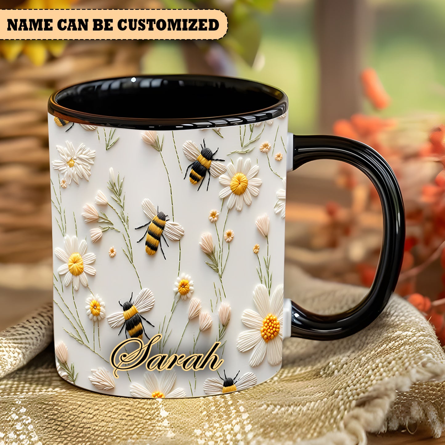 Beautiful Floral & Bee Personalized Accent Mug