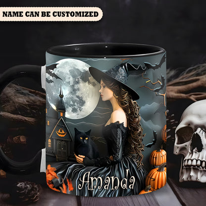 Beautiful Witch And Black Cat Personalized Halloween Accent Mug