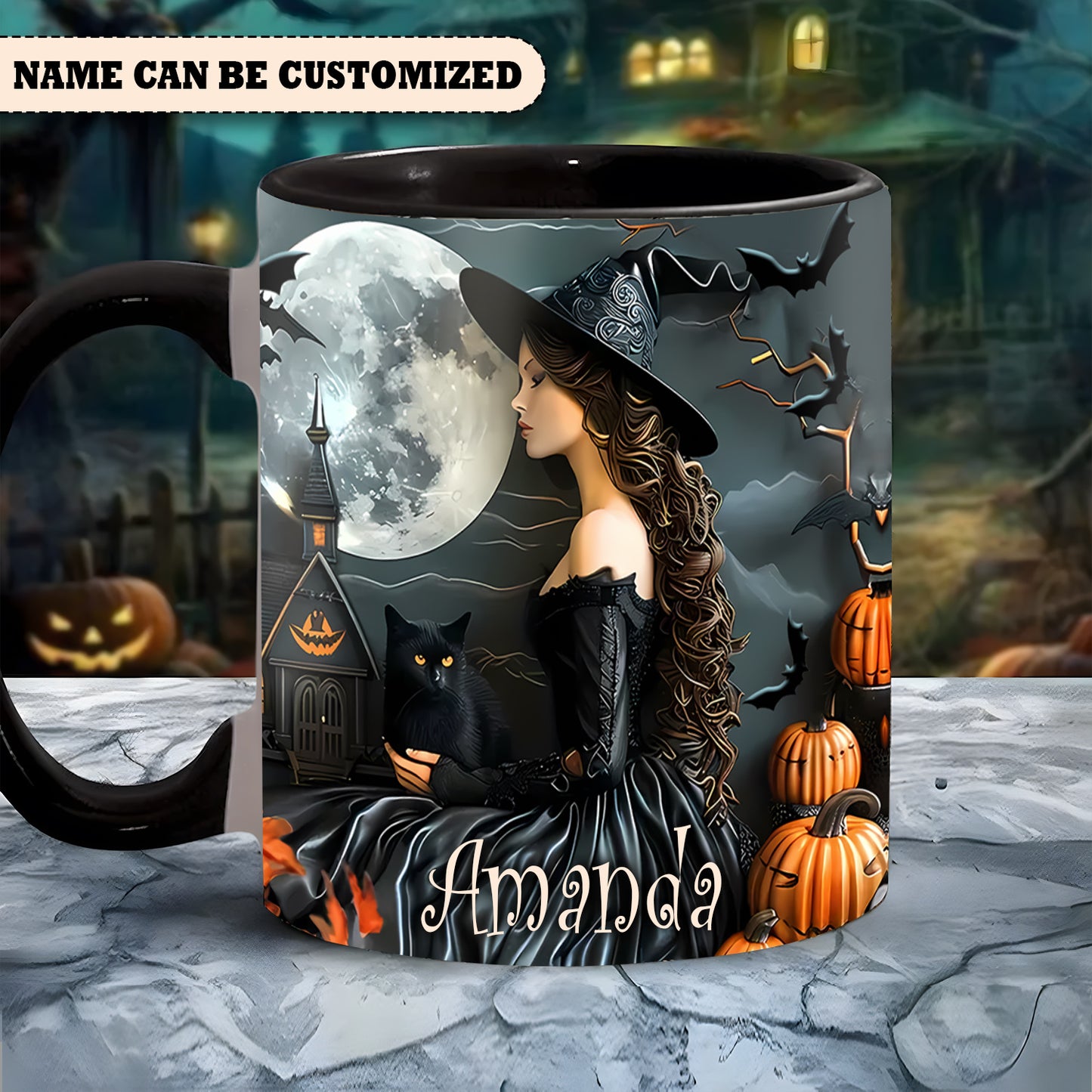 Beautiful Witch And Black Cat Personalized Halloween Accent Mug