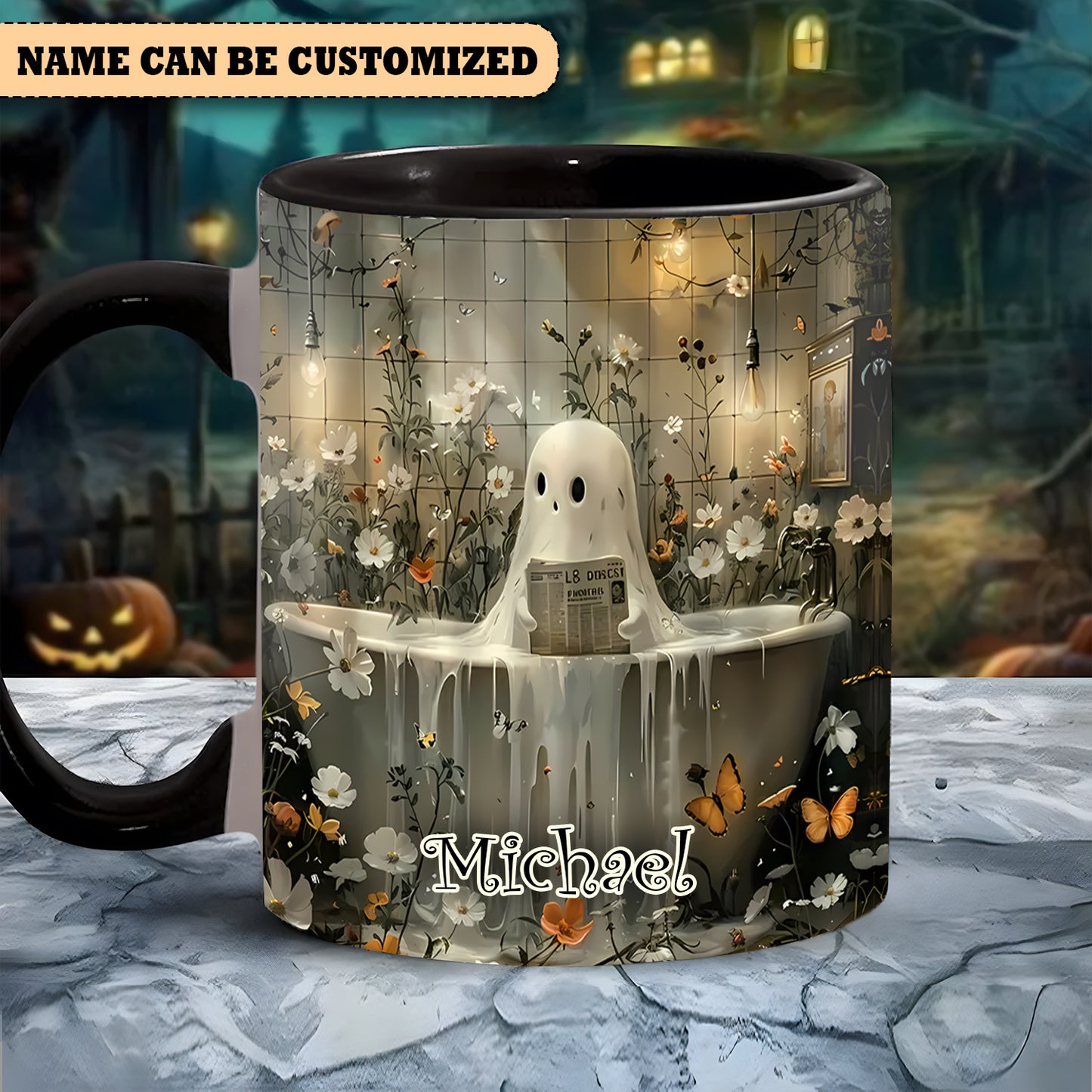 Cute Ghost Reading Book Personalized Accent Mug