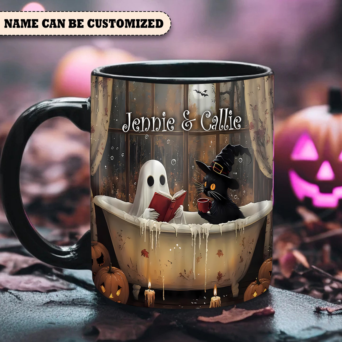 Cute Ghost & Black Cat Personalized Halloween Accent Mug