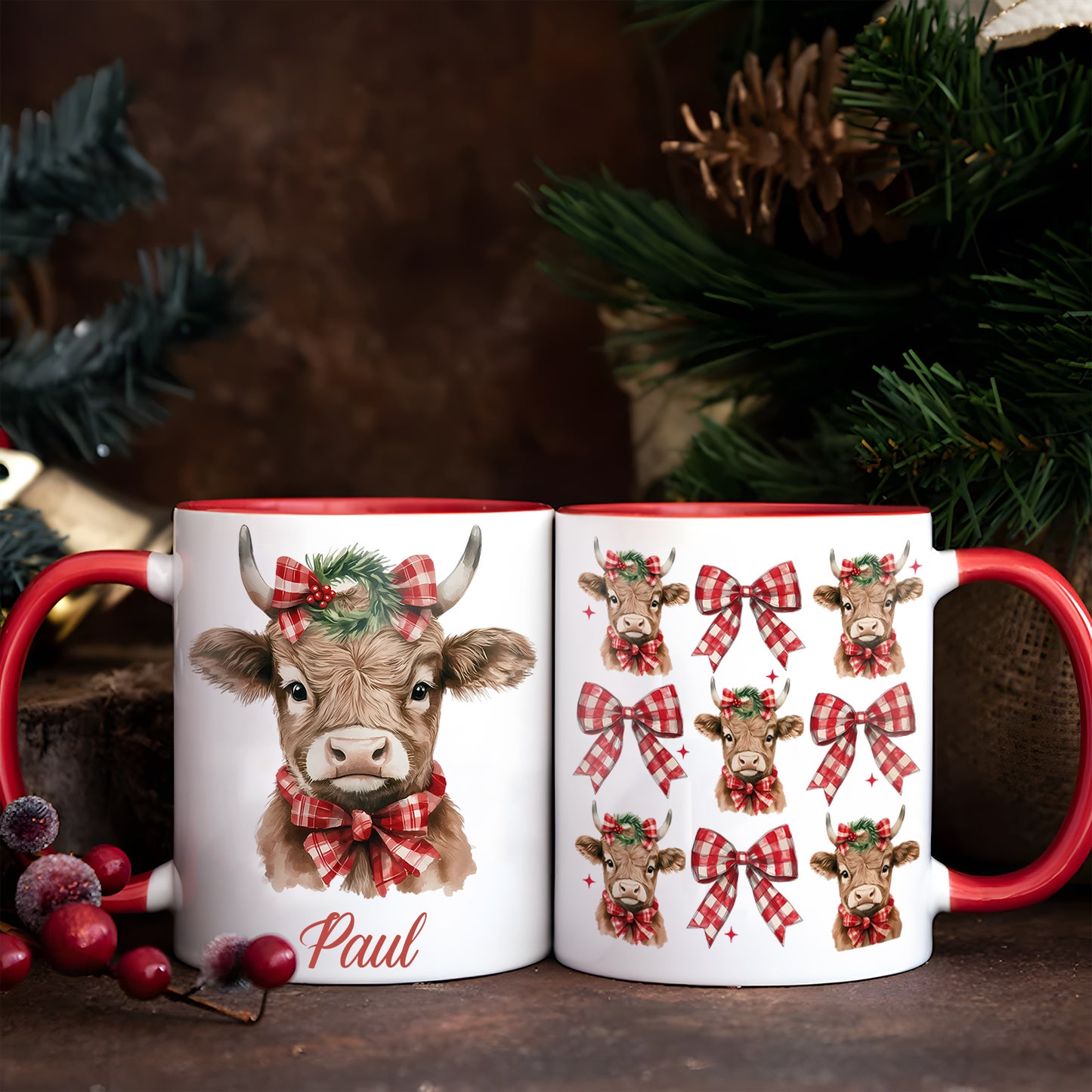 Personalized Christmas Cow Accent Mug with Plaid Bows