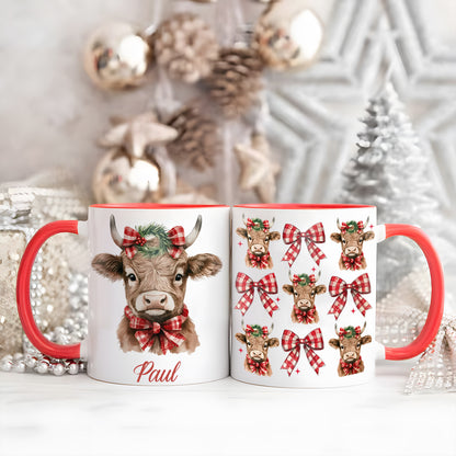 Personalized Christmas Cow Accent Mug with Plaid Bows