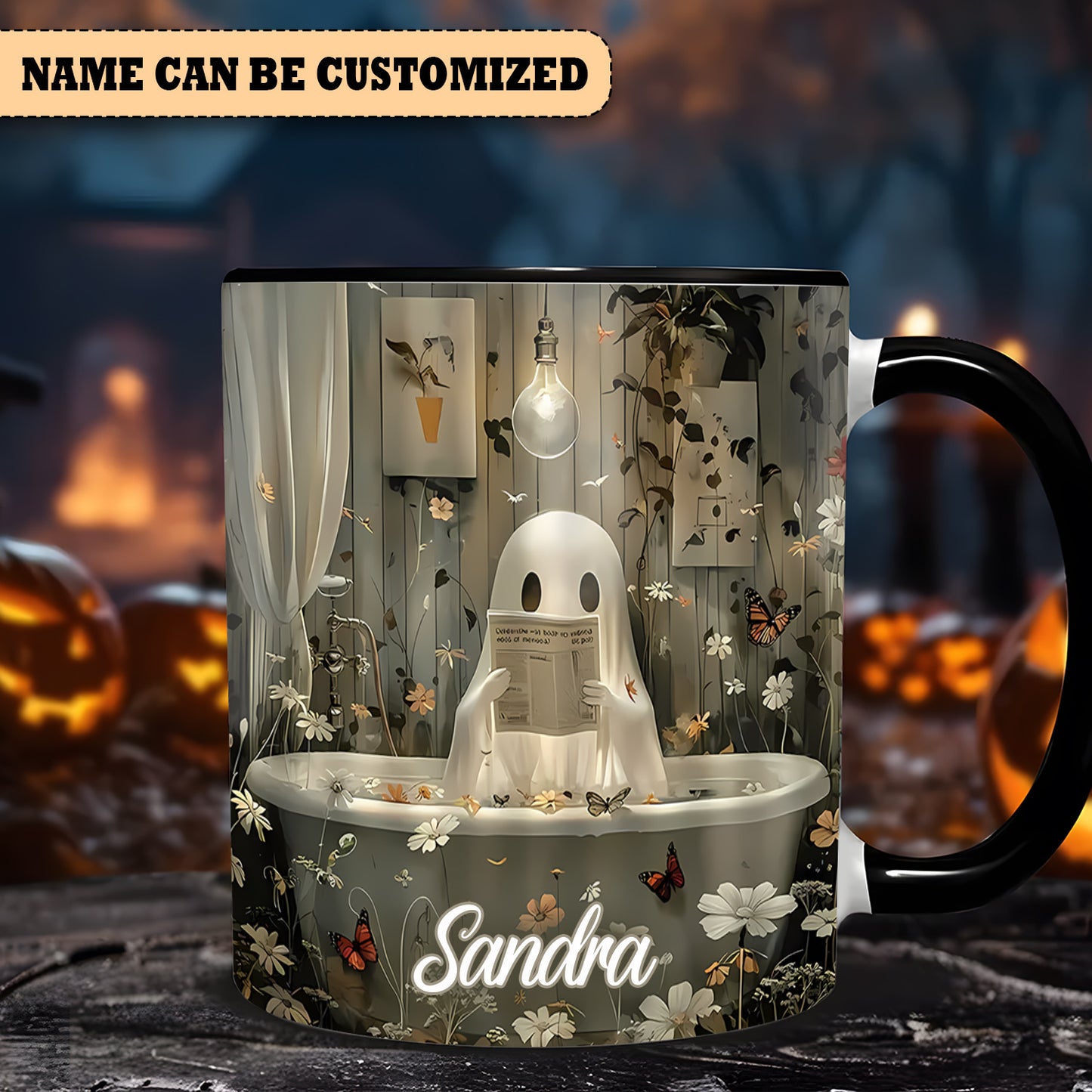 Cute Ghost Reading Book Personalized Accent Mug 2