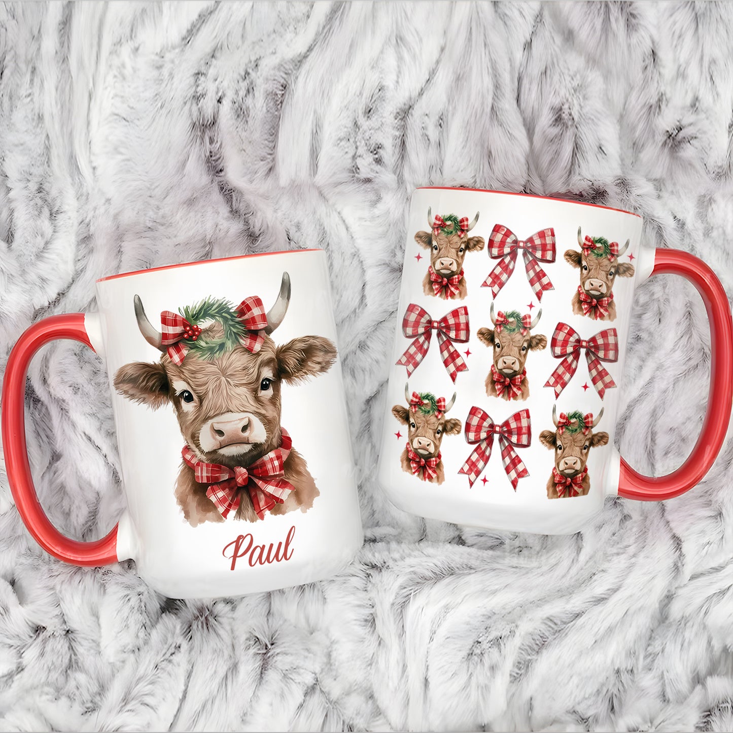 Personalized Christmas Cow Accent Mug with Plaid Bows