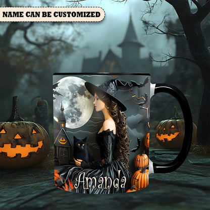 Beautiful Witch And Black Cat Personalized Halloween Accent Mug