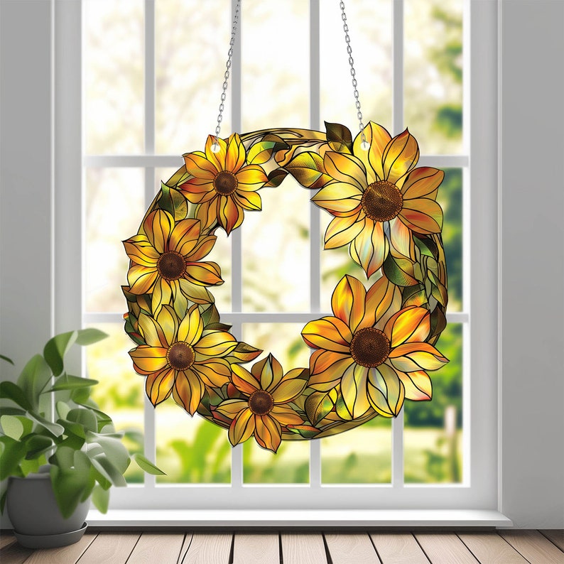 Sunflowers Plant Acrylic Window Hanging, Acrylic Window Sunflower Plant Sunflower With Chain, Home Decor Art Gift, Garden Gift , Gift For Women , Home Decor