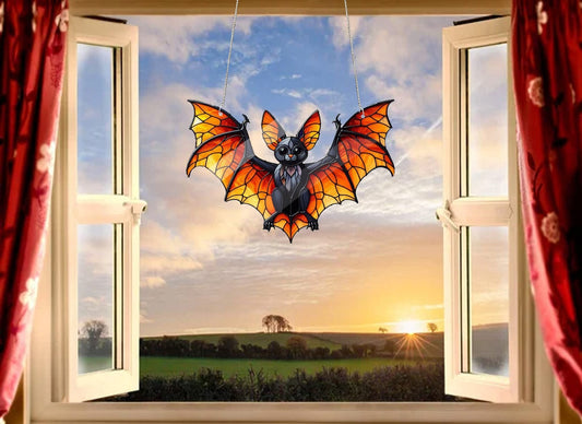 Bat Colorful Red Yellow Acrylic Window Hanging, Indoor Decor, Bat lovers gift