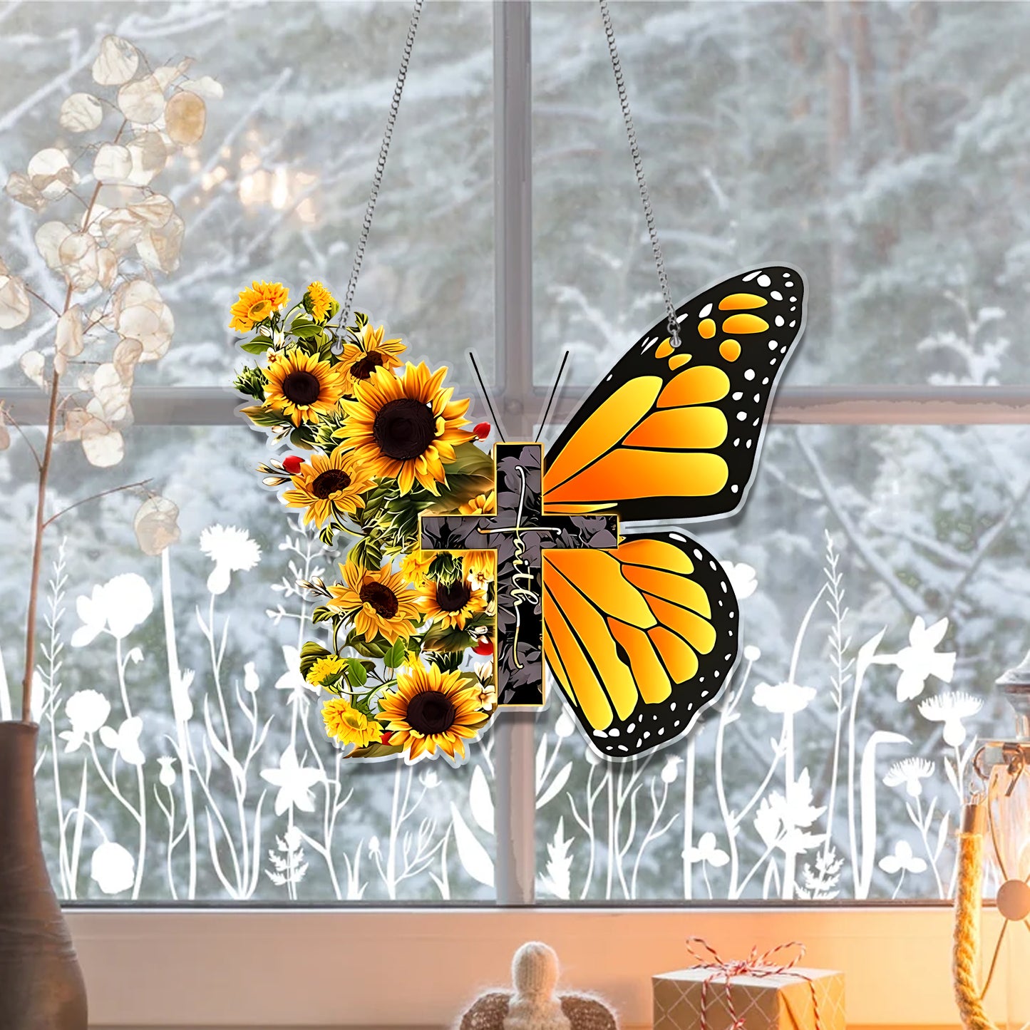 Butterfly Yellow Faith Customized Acrylic Window Hanging, Butterfly Lovers Gift, Cololor Butterfly Acrylic Hangings, Home Decor, Garden Gift , God Decor