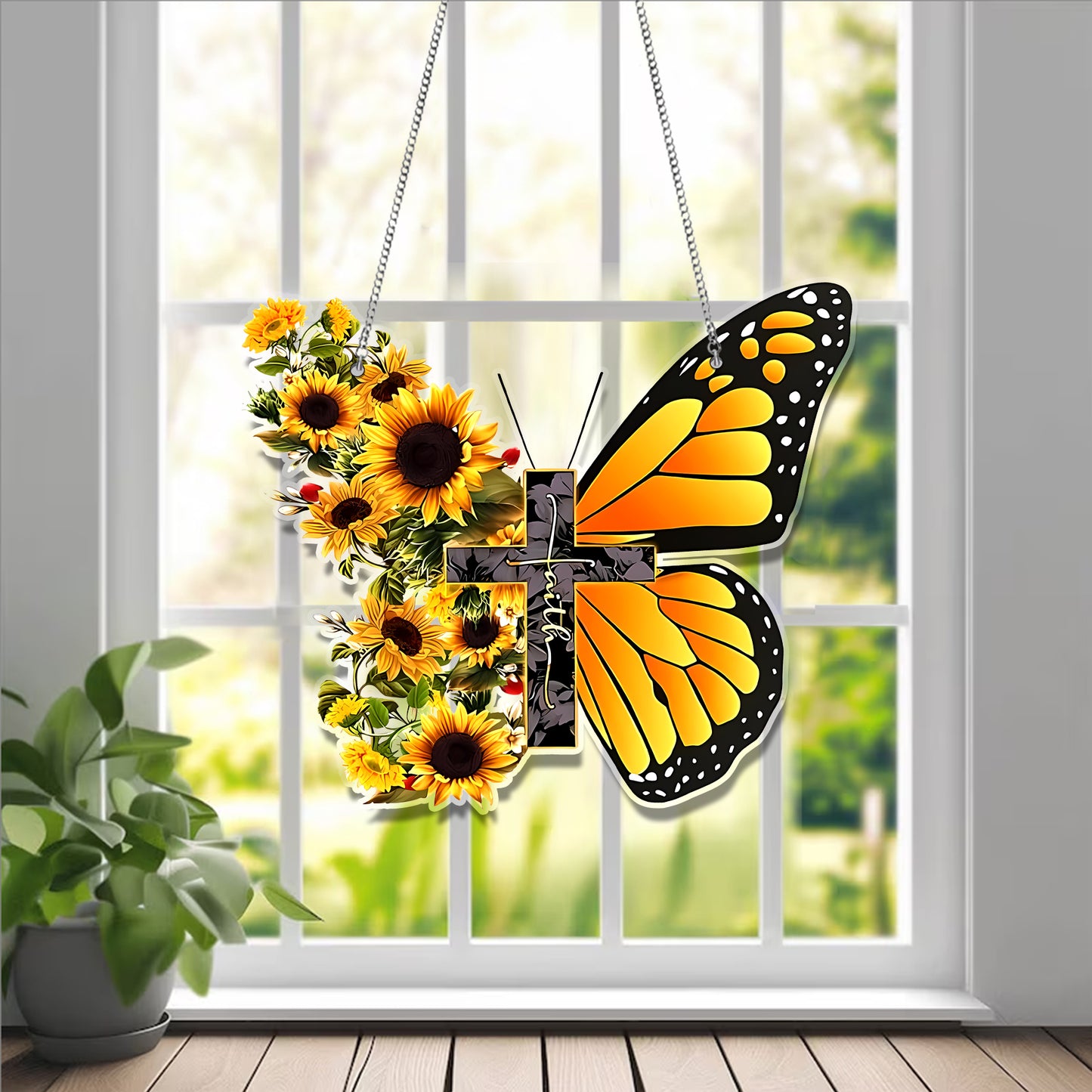 Butterfly Yellow Faith Customized Acrylic Window Hanging, Butterfly Lovers Gift, Cololor Butterfly Acrylic Hangings, Home Decor, Garden Gift , God Decor