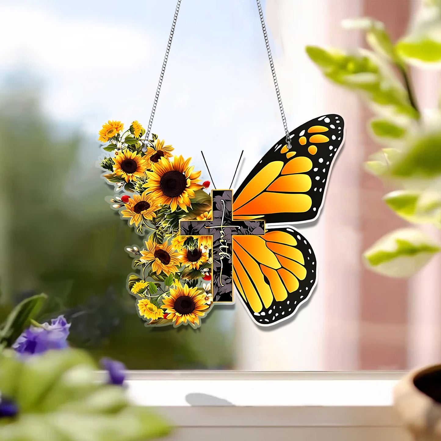 Butterfly Yellow Faith Customized Acrylic Window Hanging, Butterfly Lovers Gift, Cololor Butterfly Acrylic Hangings, Home Decor, Garden Gift , God Decor