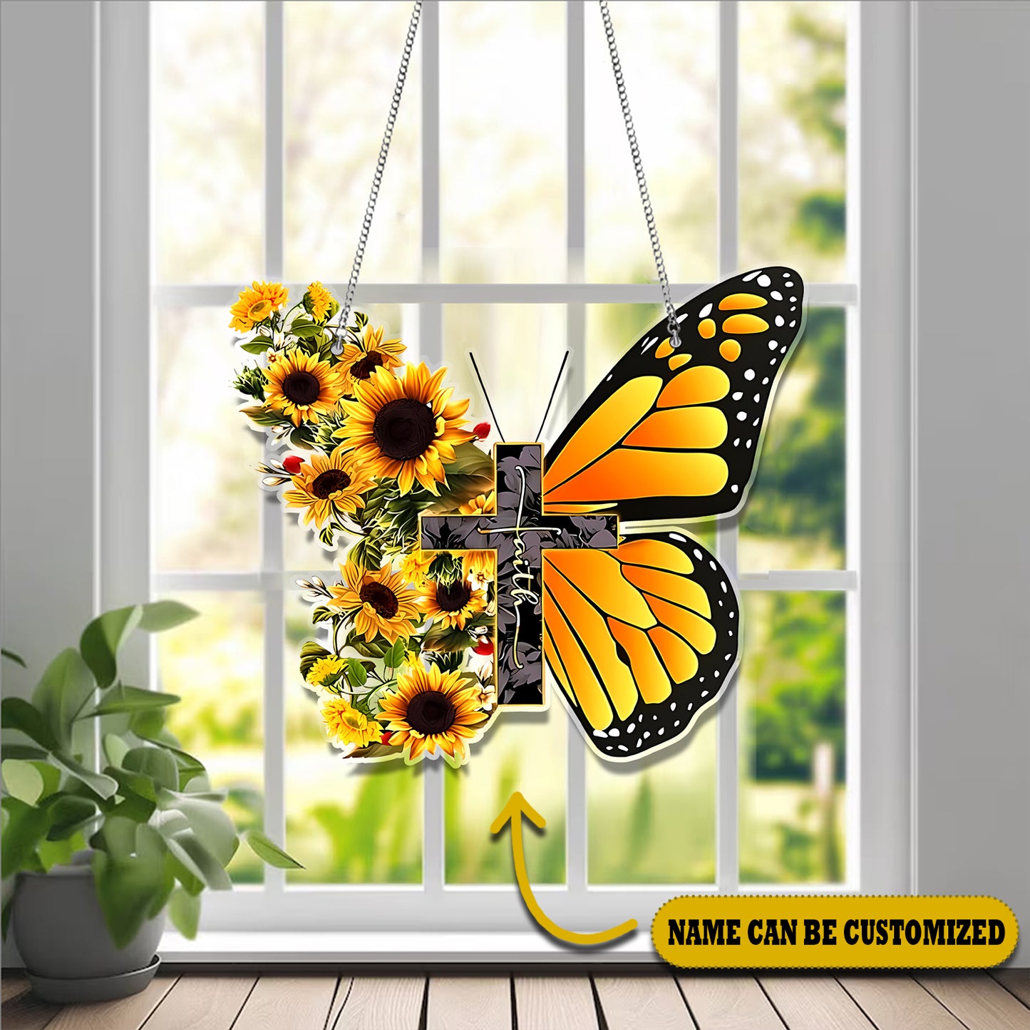 Butterfly Yellow Faith Customized Acrylic Window Hanging, Butterfly Lovers Gift, Cololor Butterfly Acrylic Hangings, Home Decor, Garden Gift , God Decor