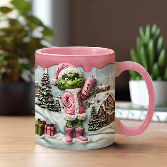 Grinchy Pink Green Lady - Personalized Christmas Accent Mug