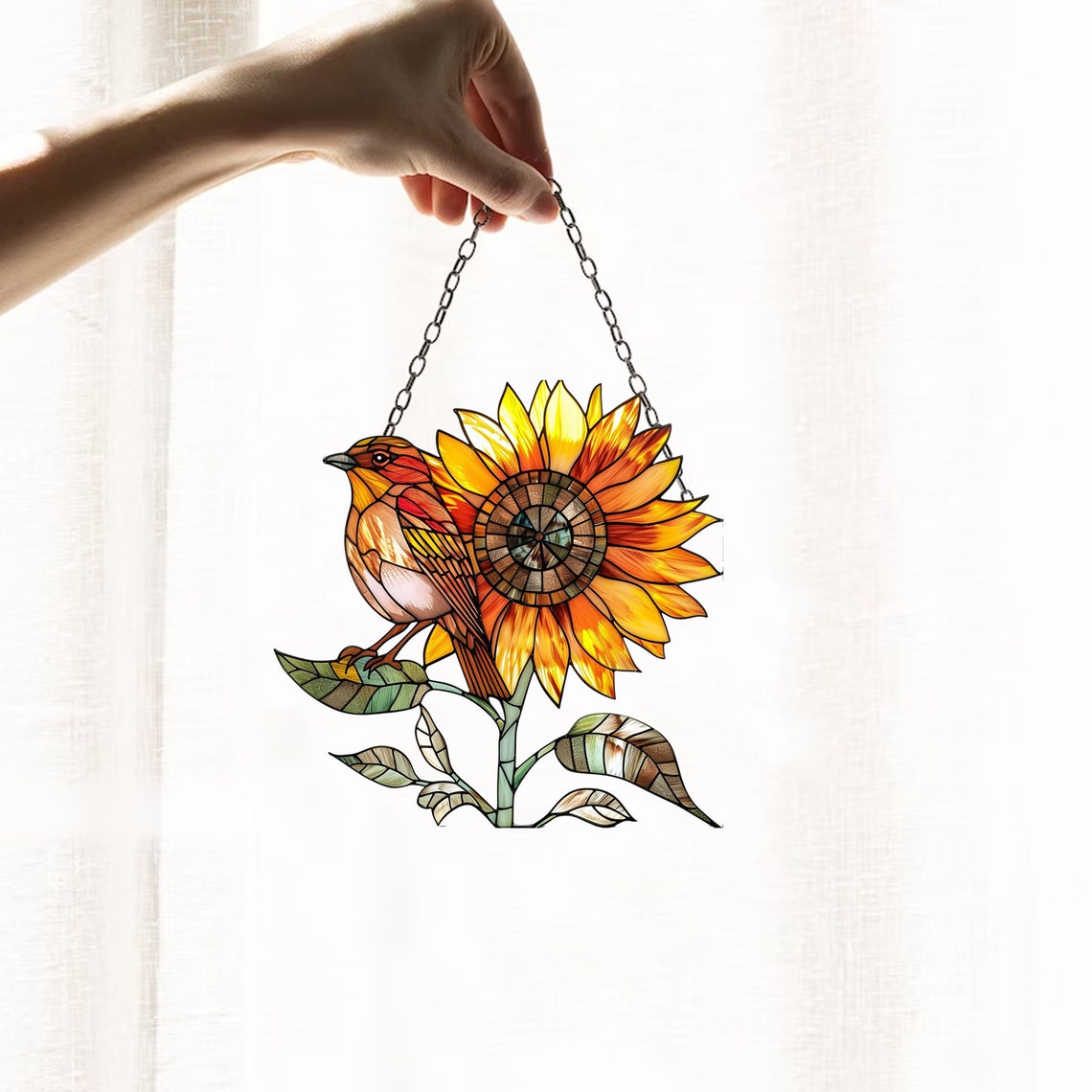 Sunflower Bird Window Hanging, Acrylic Yellow Flowers, Sunflowers Acrylic Window Decor Art Decoration, Bird lovers gift, Gift for her